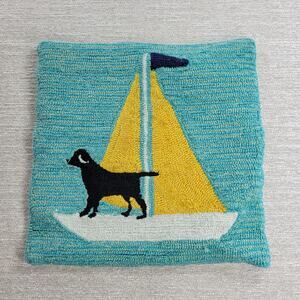 Handmade Hooked Wool Pillow Cover Dog Sailboat Nautical Coastal 17x17